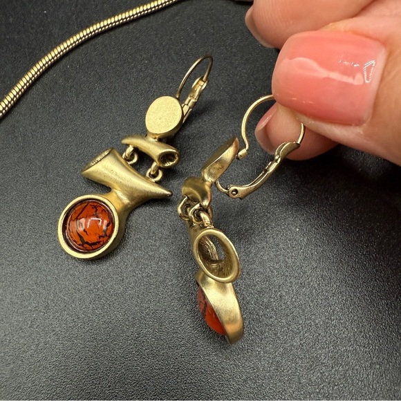 Brutalist Brushed Gold and Marbled Orange Jewelry Set of Earrings and Necklace - Picture 15 of 17